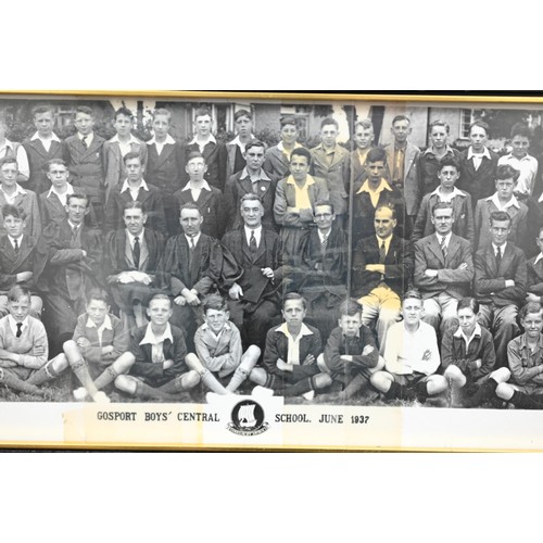 226 - # A cased display of replica antique golfing clubs, balls etc to/w six 1920s/30s Gosport School phot... 