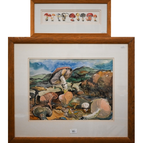 265 - M Chalmers - Funghi, watercolour, signed, 33 x 45 cm to/w limited edition print 'Mushrooms', 6.5 x 3... 