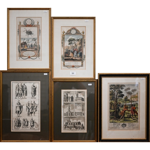 268 - Five antique engravings - beekeepers with Virgil's Georgicks framed to verso; Emperors and officers,... 