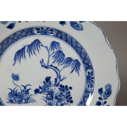 439 - Three 18th century Chinese blue and white export plates, the two circular examples painted in underg... 