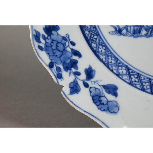 439 - Three 18th century Chinese blue and white export plates, the two circular examples painted in underg... 