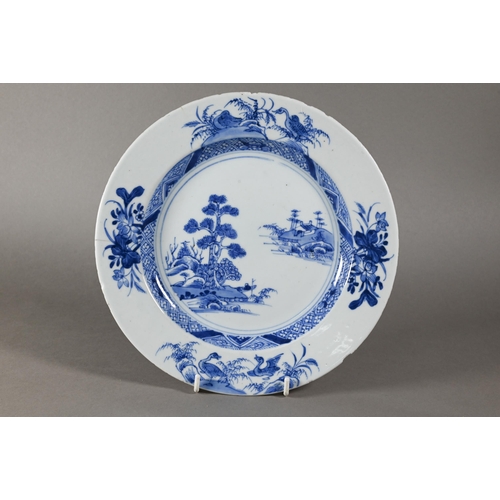 439 - Three 18th century Chinese blue and white export plates, the two circular examples painted in underg... 