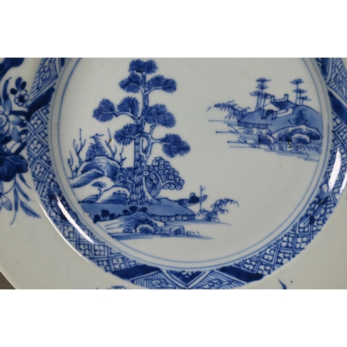 439 - Three 18th century Chinese blue and white export plates, the two circular examples painted in underg... 