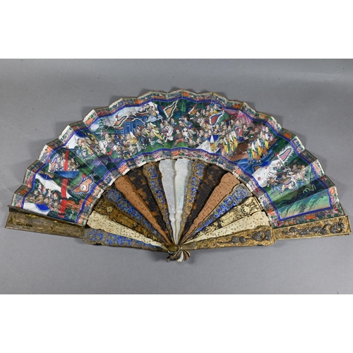 A 19th century Cantonese fan, the paper leaf painted with harbour scenes - probably Hong Kong - within foliate and gilt borders, on alternating sticks in brise-carved ivory, boxwood and tortoiseshell, gilt black lacquer and enamelled gilt metal, the guards embellished with silver filigree dragons, 28 cm f/r