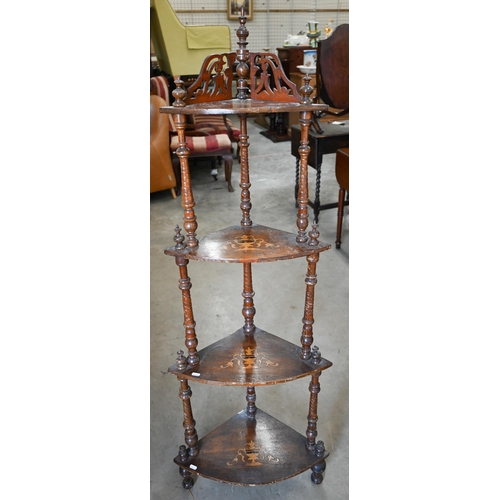 558 - Victorian walnut inlaid four-tier corner whatnot, 150 cm high