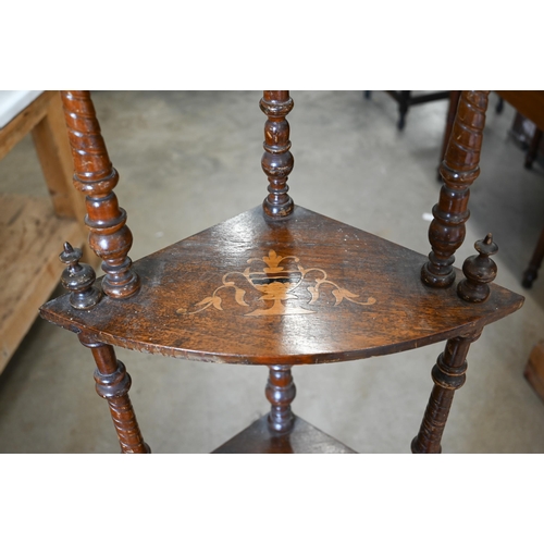 558 - Victorian walnut inlaid four-tier corner whatnot, 150 cm high