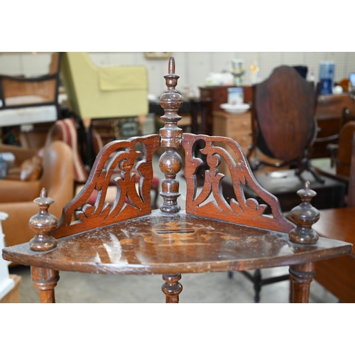 558 - Victorian walnut inlaid four-tier corner whatnot, 150 cm high