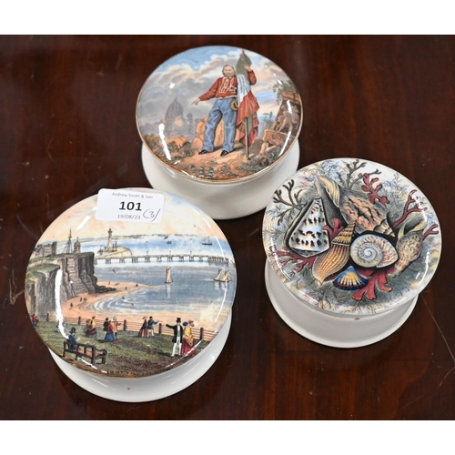 101 - Three Pratt patum pots, the covers printed with 'The New Jetty' and Pier Margate, Garibaldi and Seas... 