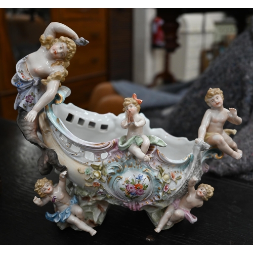 103 - Three German porcelain floral-encrusted vases mounted with cherubs, to/w a quantity of ep flatware a... 