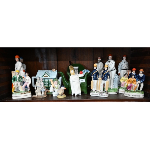 106 - Eleven various ceramic figures of cricketers to/w two novely teapots of cricketing interest etc (box... 