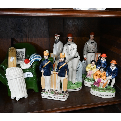 106 - Eleven various ceramic figures of cricketers to/w two novely teapots of cricketing interest etc (box... 