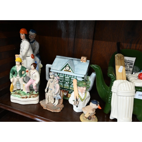 106 - Eleven various ceramic figures of cricketers to/w two novely teapots of cricketing interest etc (box... 