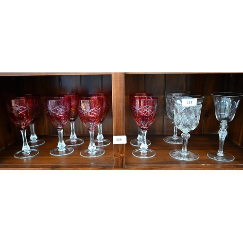 113 - A set of eight cranberry flash cut wine glasses, to/w a heavy quality pair of cut wine glasses and a... 