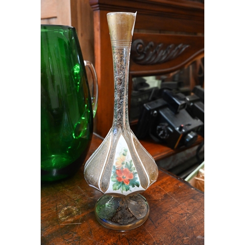 114 - A 19th century Bohemian overlaid glass flask with floral painting and gilding to/w a boxed Harlequin... 