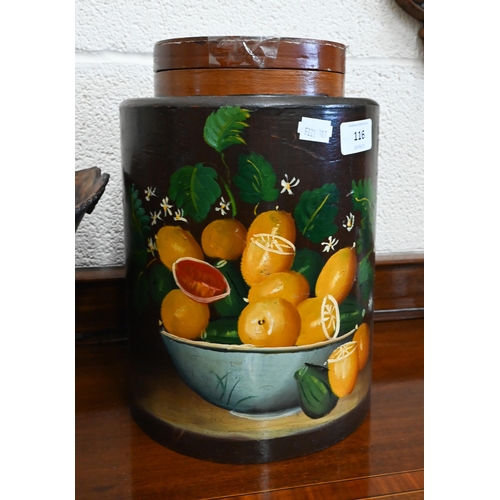 116 - A painted tin jardiniere to/w a wooden storage jar painted with fruit