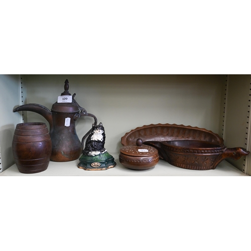 120 - An antique North Indian carved wood kharal (opium bowl) to/w a Middle Eastern copper coffee pot, a c... 