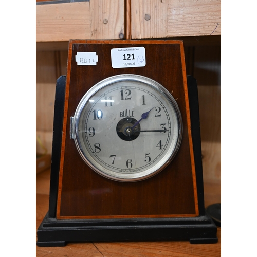 121 - An Art Deco burr walnut and ebonised Bulle electric mantel clock, to/w a Carl Tiedemann (Hamburg) fl... 