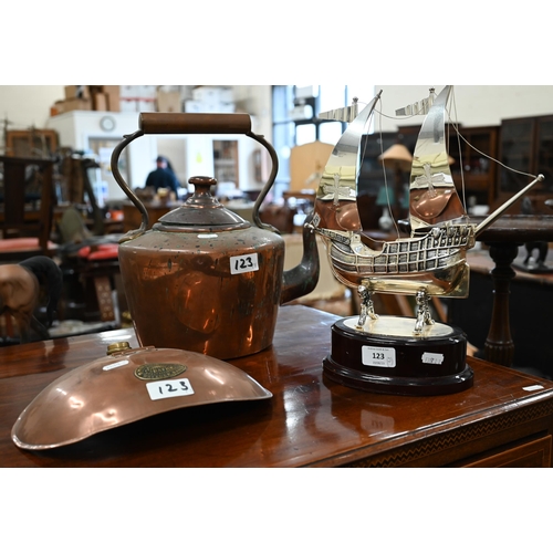 123 - A Spanish ep model galleon, 33 cm high to/w a Victorian copper kettle and a patent copper 'Hydropath... 