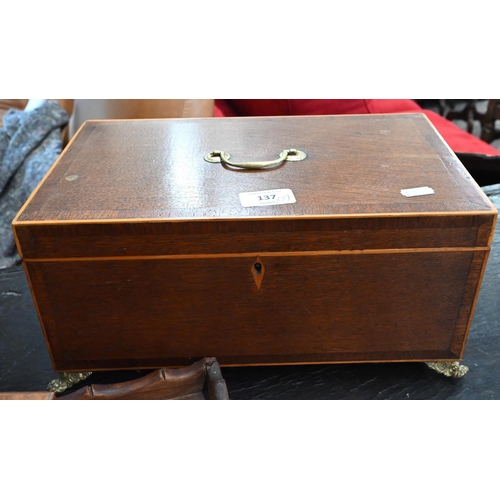 137 - A 19th century oak work-box 33 cm wide to/w a table-top chest of six short drawers, a turned wood co... 