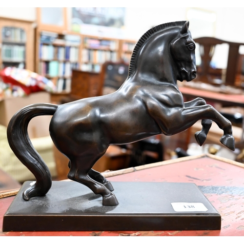 138 - An Art Deco brown-patinated bronze rearing horse, signed J Klaissner, 23 x 25 cm