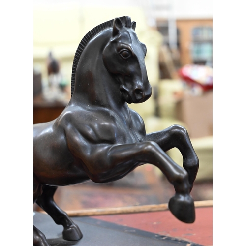 138 - An Art Deco brown-patinated bronze rearing horse, signed J Klaissner, 23 x 25 cm