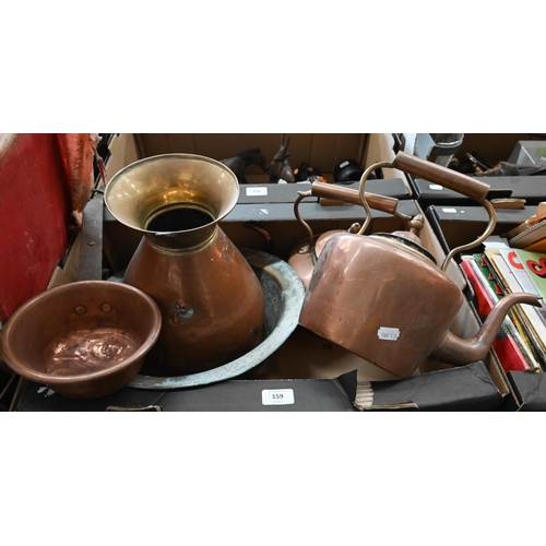 159 - Two Victorian copper kettles and other copper wares (box)