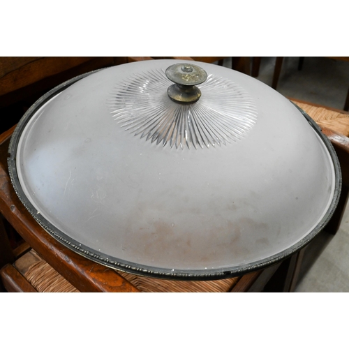 170 - A large frosted and cut glass bowl ceiling lightshade with metal frame, 54 cm to/w two smaller frame... 