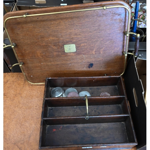 173 - A 19th century mahogany 3-division cutlery box with brass loop handle, to/w an oak tray with brass g... 