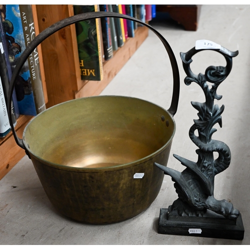 175 - A weighted brass 'dragon' doorstop, to/w a brass preserving pan (2)