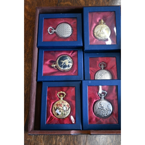 182 - A collection of 29 modern decorative pocket watches with quartz movements (28 boxed), in three-drawe... 