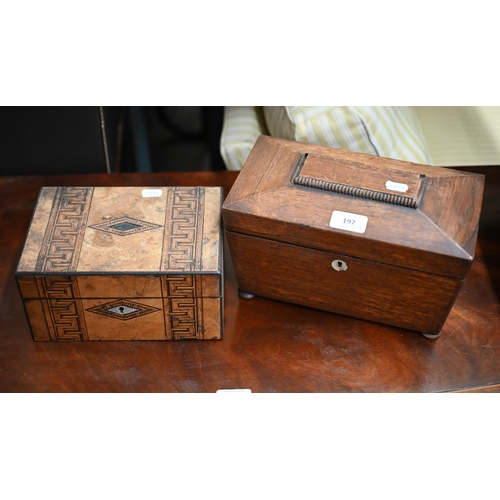 197 - A Regency rosewood sarcophagus tea caddy, 28 cm wide, to/w a parquetry-inlaid work box (2 - a/f)