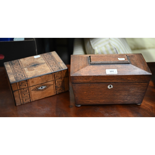 197 - A Regency rosewood sarcophagus tea caddy, 28 cm wide, to/w a parquetry-inlaid work box (2 - a/f)