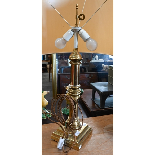 204 - A heavy brass pillar table lamp, 75 cm high