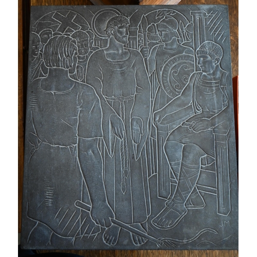 208 - A carved slate image of Jesus before Pilate, signed JM, 36 x 31 cm