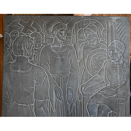 208 - A carved slate image of Jesus before Pilate, signed JM, 36 x 31 cm