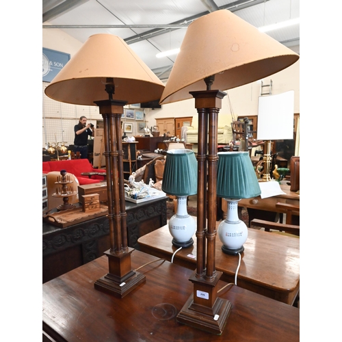 209 - A pair of stained wood cluster-column table-lamps, 69 cm high