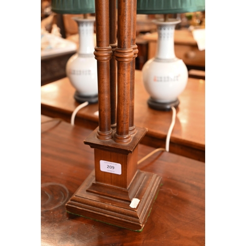 209 - A pair of stained wood cluster-column table-lamps, 69 cm high