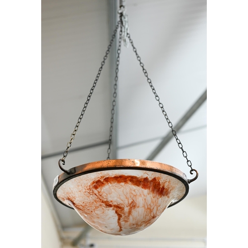 210 - A vintage copper-plated ceiling lightshade with marbled glass bowl, 37 cm diam