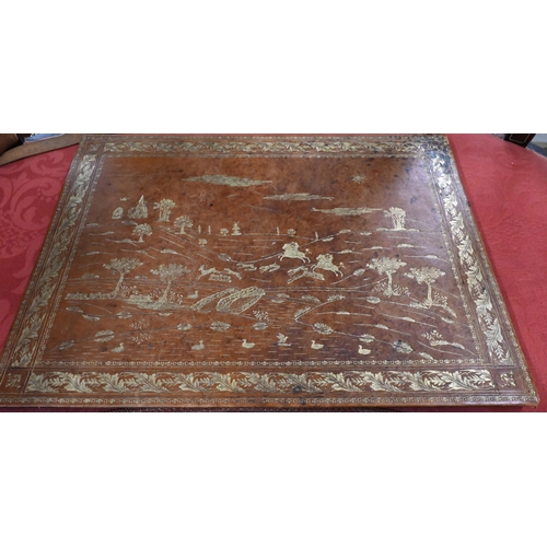 214 - A leather-covered blotter-pad with gilt-tooled hunting scene, 50 cm wide, to/w a leather attache-cas... 