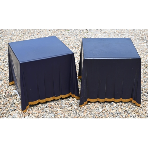 557 - A pair of novelty fibre glass 'table cloth' blue and gilt side tables a/f, 50 x 50 x 48 cm high