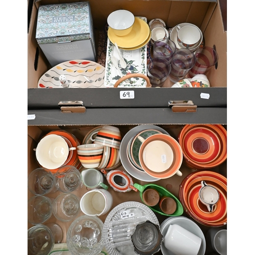 69 - Various decorative breakfast ceramics, glassware etc (2 boxes)