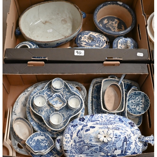 90 - A quantity of 19th century blue and white pottery tablewares (a/f), to/w a Chinese porcelain blue an... 