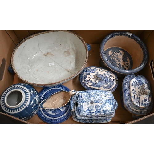 90 - A quantity of 19th century blue and white pottery tablewares (a/f), to/w a Chinese porcelain blue an... 