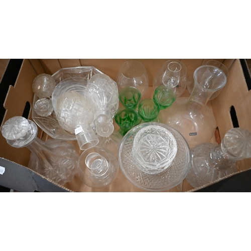 93 - A large quantity of cut and other drinking glasses and tableware to/w two large green serving dishes... 