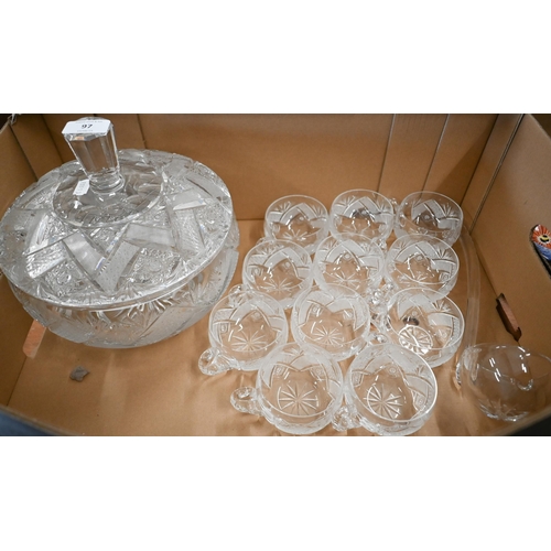 97 - A cut glass punch-bowl and cover to/w eleven matching cups and a ladle