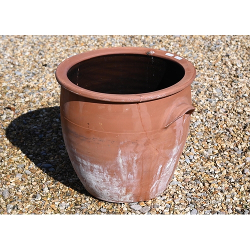50 - A terracotta twin-handled garden planter with black-glazed interior, 34 cm diam x 32 cm high