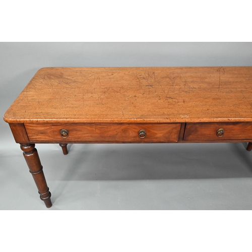 856 - A Victorian mahogany low serving sideboard, with two frieze drawers and raised on turned legs, 167 c... 