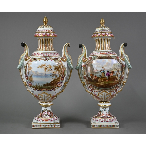 583 - A pair of 19th century French porcelain vases, the domed covers with fir-cone finials, the twin hand... 