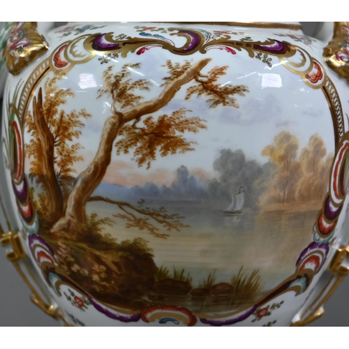 583 - A pair of 19th century French porcelain vases, the domed covers with fir-cone finials, the twin hand... 