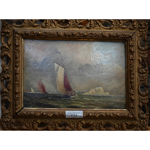 701 - English school - Boats approaching the Isle of Wight from the Solent, oil on board, 15.5 x 23 cm